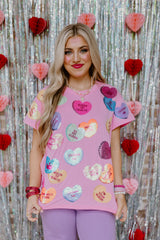 QUEEN OF SPARKLES Sequin CANDY HEARTS Tee Shirt Top